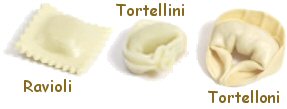 Ravioli, tortellini and tortelloni noodles